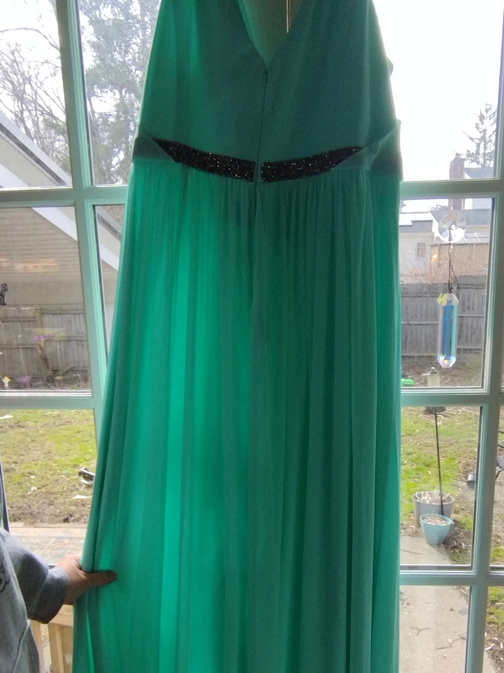 David's Bridal Green/Teal Prom Evening  Dress with Black Glitter Beaded Waist 22